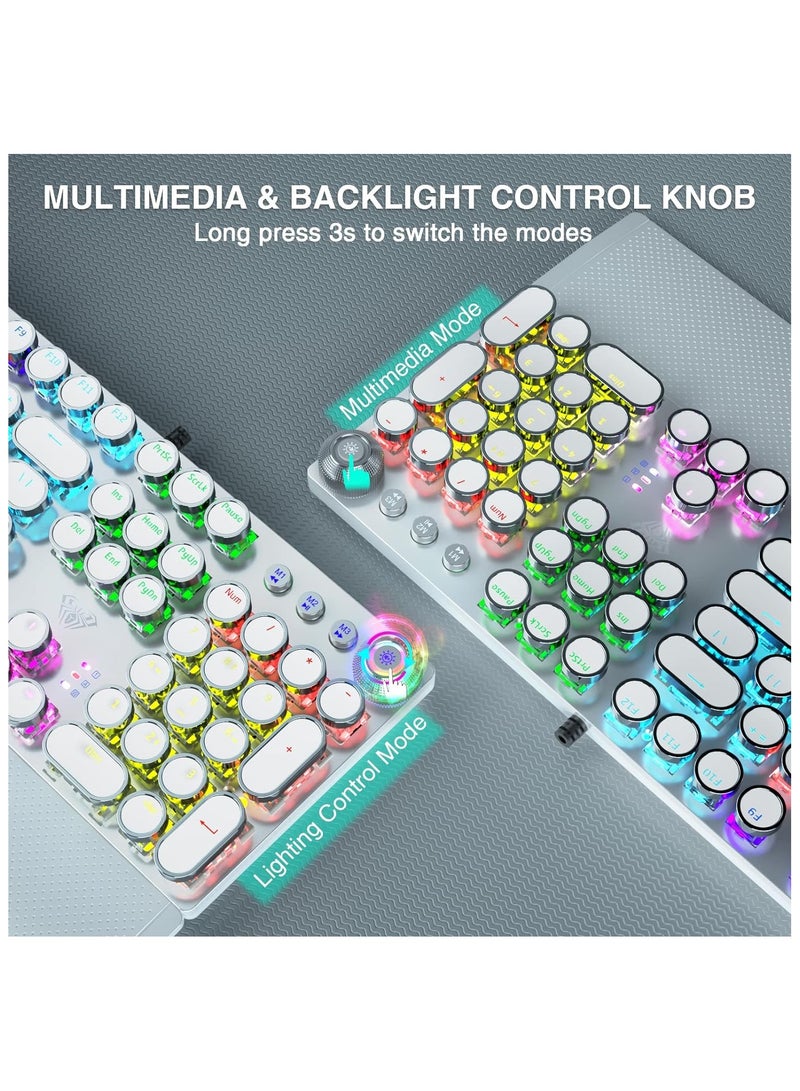 AULA F2088 Typewriter Style Mechanical Gaming Keyboard,Rainbow LED Backlit,Removable Wrist Rest,Media Control Knob,Retro Punk Round Keycaps,USB Wired Computer Keyboard,White - Image 5