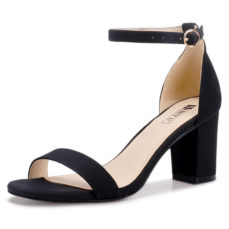 IDIFU Black Heels for Women Cookie-MI Block Heels 3 Inch Sandals Chunky Open Toe Heel Wedding Homecoming Dress Shoes for Women Brides Ladies(Black Nubuck, 8 B(M) US) - Image 1