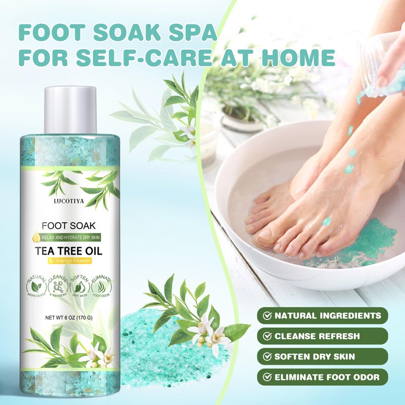 LUCOTIYA Tea Tree & Orange Flower Foot Soak Set - Salts, Foot File, Scrub & Urea Cream Pedicure Supplies for Dry, Cracked Feet - Foot Spa Pedicure Kit for Women Men - Image 2
