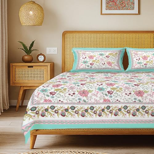 Urban Space 100% Cotton Jaipuri Handblock Printed Double Bedsheet with 2 Pillow Covers, 200 TC Cotton Bedsheet (Size 90 x 100 inches, Anokhi) - Image 1