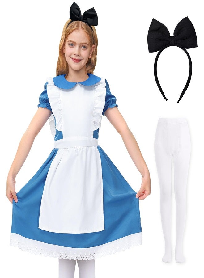 BesserBay Halloween Blue White Ruffle Trim Dress Aliec for Girls with Puff Sleeves Bow Headband and White Socks 3-Piece Set 14 Years - Image 1