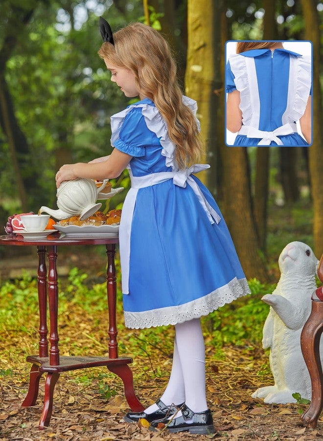 BesserBay Halloween Blue White Ruffle Trim Dress Aliec for Girls with Puff Sleeves Bow Headband and White Socks 3-Piece Set 14 Years - Image 4