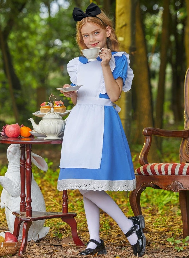 BesserBay Halloween Blue White Ruffle Trim Dress Aliec for Girls with Puff Sleeves Bow Headband and White Socks 3-Piece Set 14 Years - Image 5