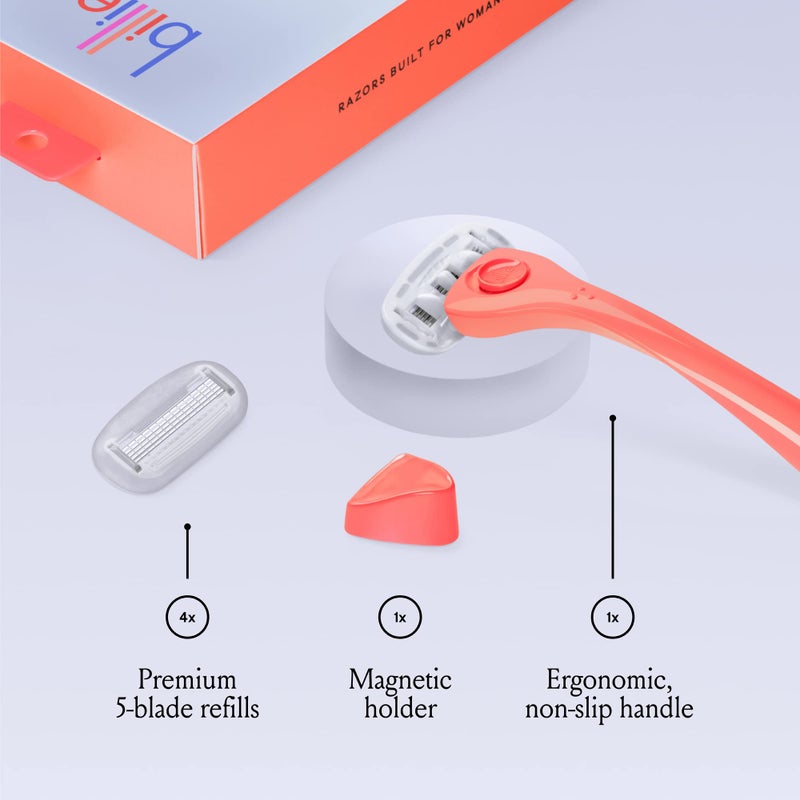 Billie Razors for Women Shave Kit â€“ Womenâ€™s Razor + 4 x 5-Blade Razor Refills + Magnetic Holder â€“ Coral - Image 2
