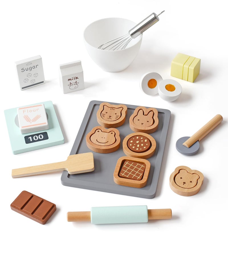 PairPear Wooden Cookie Baking Play Food Set Kids 28 Pieces Sliceable Cookies Hand Mixer Toy Kitchen Accessories Playset Montessori Pretend Kitchen Gift for Kids Ages 3 - Image 3