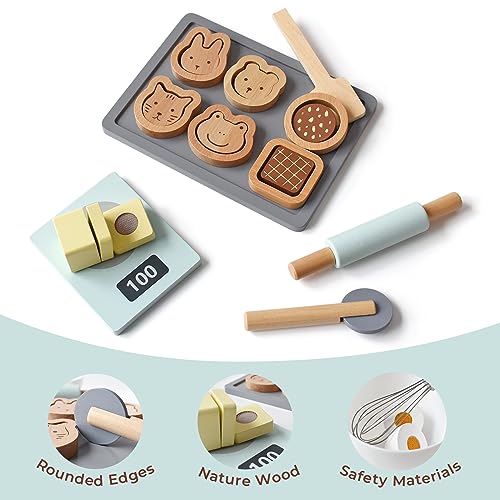 PairPear Wooden Cookie Baking Play Food Set Kids 28 Pieces Sliceable Cookies Hand Mixer Toy Kitchen Accessories Playset Montessori Pretend Kitchen Gift for Kids Ages 3 - Image 5