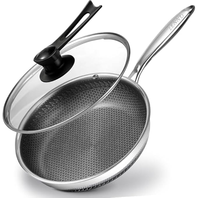 LENND Frying Pan Nonstick With Lid 28Cm Deep Stainless Steel Cookware Saut Pan Skillet Pan With Handle Honeycomb Cooking Pot Dishwasher Safe Wok Pan Compatible With All Cooktops - Image 1