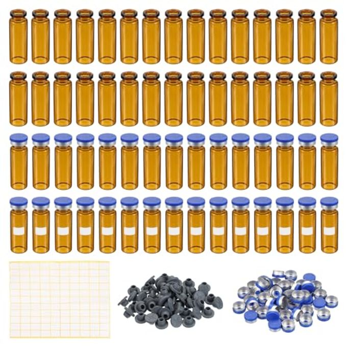 PATIKIL 15ml Sample Vials, 100 Pack Lab Empty Vials with Butyl Rubber Stopper Crimp Top Caps and Labels Borosilicate Glass Vial, Amber