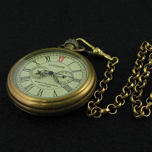 VIGOROSO Men's Vintage Full Copper Hand-Wind Mechanical Second&24hours Sub-dials Pocket Watch in Box - Image 4