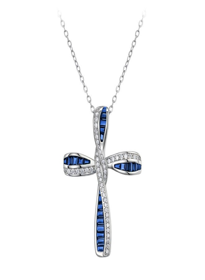بريلوف قلادة بريلوف الرقيقة والأنيقة على شكل صليب للنساء، مصنوعة من الفضة الإسترليني عيار 925، مرصعة بقلادة من الزركونيا المكعبة، لون أزرق، هدية مثالية. - Image 1