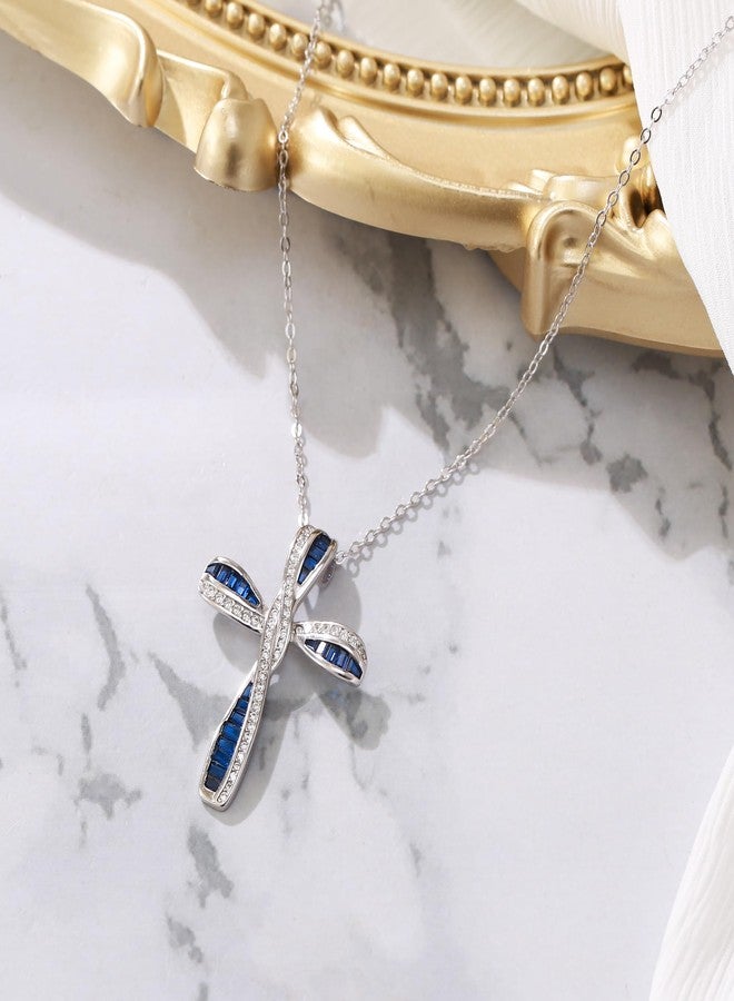 بريلوف قلادة بريلوف الرقيقة والأنيقة على شكل صليب للنساء، مصنوعة من الفضة الإسترليني عيار 925، مرصعة بقلادة من الزركونيا المكعبة، لون أزرق، هدية مثالية. - Image 4