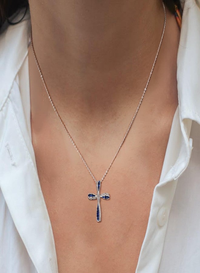 بريلوف قلادة بريلوف الرقيقة والأنيقة على شكل صليب للنساء، مصنوعة من الفضة الإسترليني عيار 925، مرصعة بقلادة من الزركونيا المكعبة، لون أزرق، هدية مثالية. - Image 3