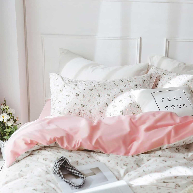 Faincy Floral Full Size Comforter Set, Pink White Flower Leaf Pattern Printed Preppy Reversible Alternative Bed Sets - 80 x 90 3PC Soft Microfiber Duvet Vintage Bedding in a Bag for Women Girls - Image 5