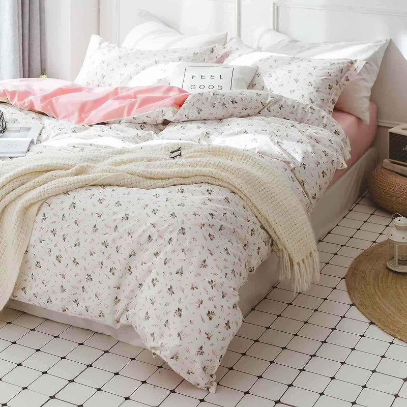 Faincy Floral Full Size Comforter Set, Pink White Flower Leaf Pattern Printed Preppy Reversible Alternative Bed Sets - 80 x 90 3PC Soft Microfiber Duvet Vintage Bedding in a Bag for Women Girls - Image 4
