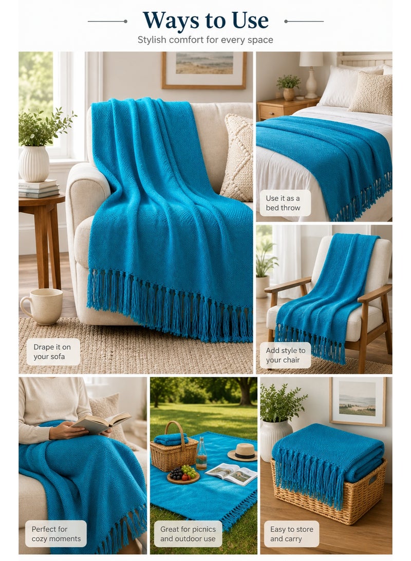 Woven Throw Blanket – 100% Cotton, 127 × 154 cm – Soft Lightweight Textured Blanket with Decorative Tassels for Sofa, Bed & Home Décor - Image 2