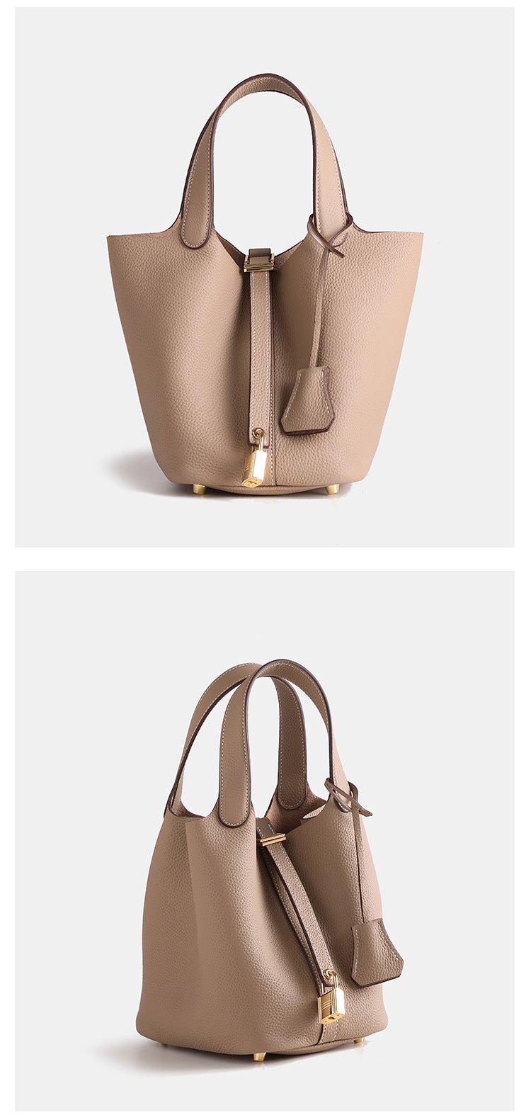 2025 New Top Layer Cowhide Litchi Pattern Solid Color Vegetable Basket Bag Large Capacity Commuting Genuine Leather Handbag Bucket Bag Windbreaker gray 