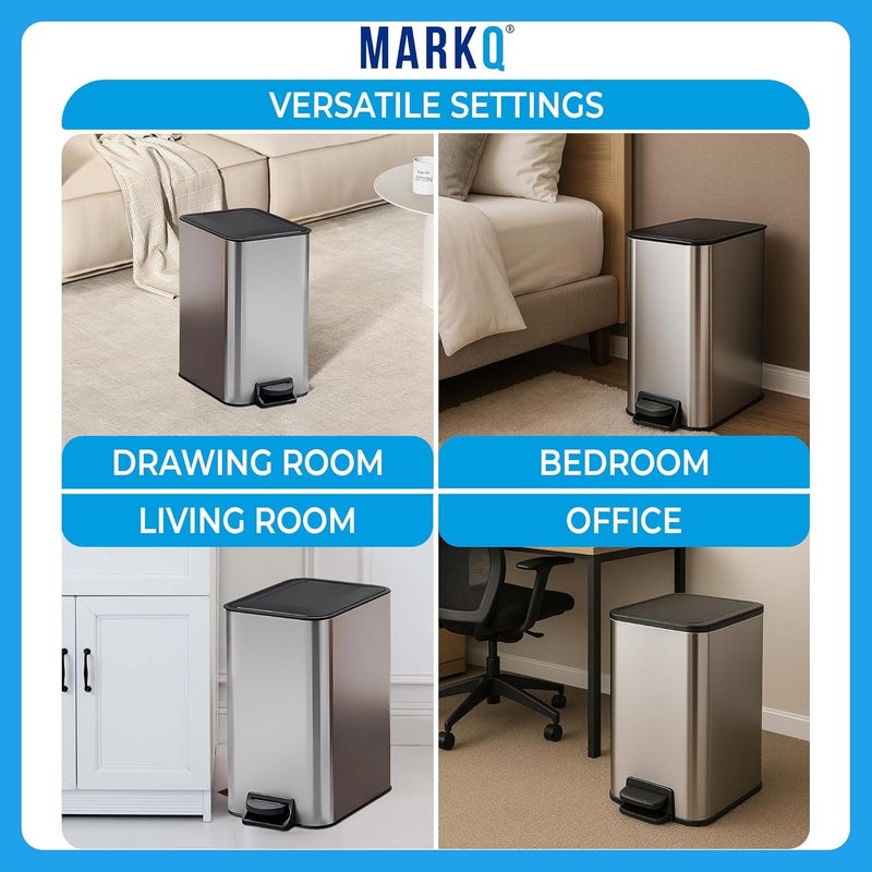 MARKQ سلة مهملات صغيرة للحمام مع غطاء | سلة دافعة بقدم ناعمة | سلة قمامة من الفولاذ المقاوم للصدأ مع دلو داخلي قابل للإزالة وتشطيب مضاد لبصمات الأصابع – فضي، 12 لتر - Image 5