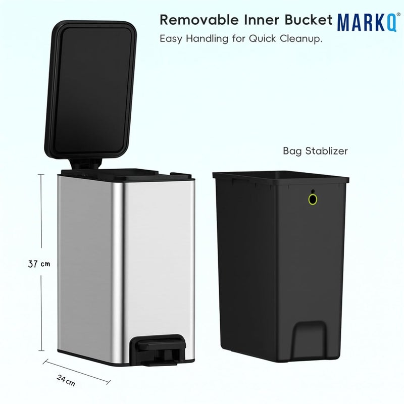 MARKQ سلة مهملات صغيرة للحمام مع غطاء | سلة دافعة بقدم ناعمة | سلة قمامة من الفولاذ المقاوم للصدأ مع دلو داخلي قابل للإزالة وتشطيب مضاد لبصمات الأصابع – فضي، 12 لتر - Image 3