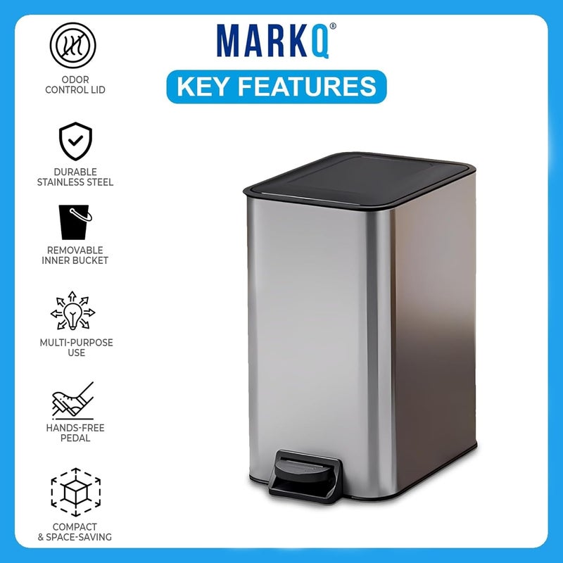 MARKQ سلة مهملات صغيرة للحمام مع غطاء | سلة دافعة بقدم ناعمة | سلة قمامة من الفولاذ المقاوم للصدأ مع دلو داخلي قابل للإزالة وتشطيب مضاد لبصمات الأصابع – فضي، 12 لتر - Image 4
