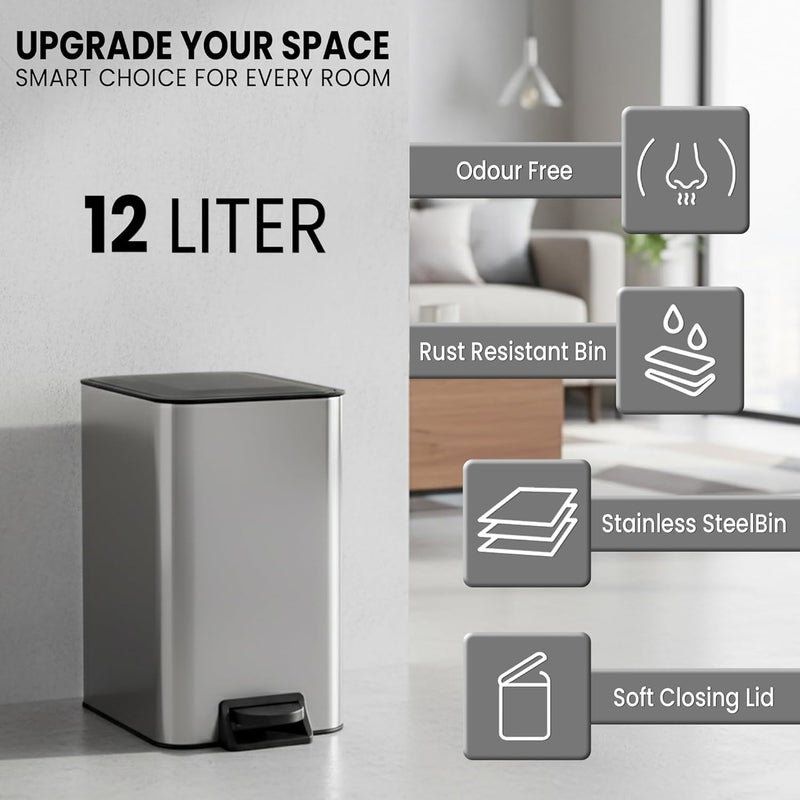 MARKQ سلة مهملات صغيرة للحمام مع غطاء | سلة دافعة بقدم ناعمة | سلة قمامة من الفولاذ المقاوم للصدأ مع دلو داخلي قابل للإزالة وتشطيب مضاد لبصمات الأصابع – فضي، 12 لتر - Image 2