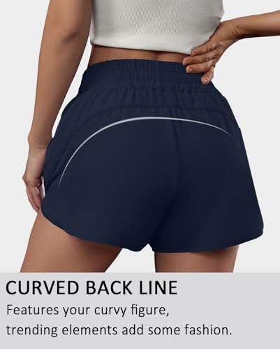BMJL Women's Running Shorts Elastic High Waisted with Pockets, Sporty Workout Quick Dry Athletic Shorts(M,DarkBlue) - Image 3