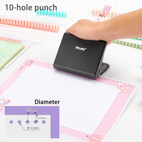 IMLIKE 10-Hole Binding Machine for Planners - Metal Manual Binding System with 10 Multi-Color 30-Hole Loose Leaf Binding Spines - Punches 26 Holes on B5, 30 Holes on A4, 20 Holes on A5 Paper - Black - Image 5