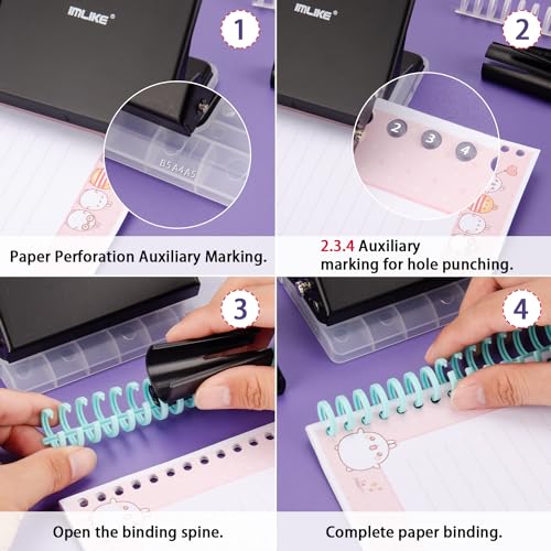 IMLIKE 10-Hole Binding Machine for Planners - Metal Manual Binding System with 10 Multi-Color 30-Hole Loose Leaf Binding Spines - Punches 26 Holes on B5, 30 Holes on A4, 20 Holes on A5 Paper - Black - Image 3