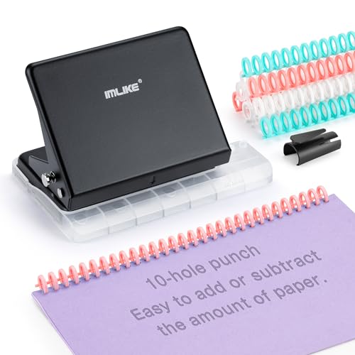 IMLIKE 10-Hole Binding Machine for Planners - Metal Manual Binding System with 10 Multi-Color 30-Hole Loose Leaf Binding Spines - Punches 26 Holes on B5, 30 Holes on A4, 20 Holes on A5 Paper - Black - Image 1