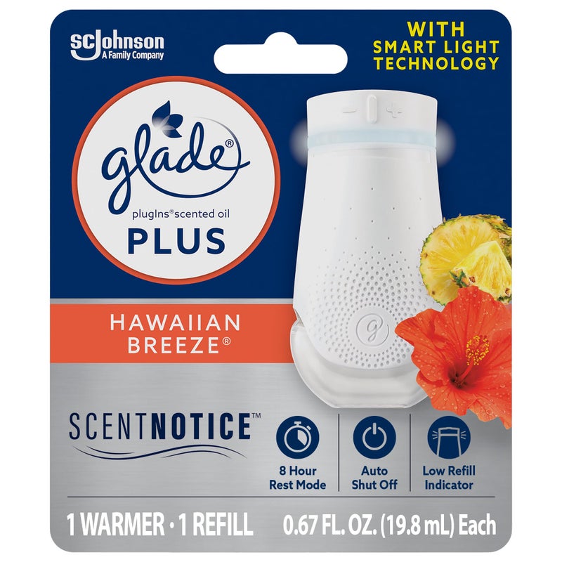 Glade PlugIn Plus Air Freshener Starter Kit, Scented Oil for Home and Bathroom, Hawaiian Breeze, 0.67 Fl Oz, 1 Warmer + 1 Refill - Image 1