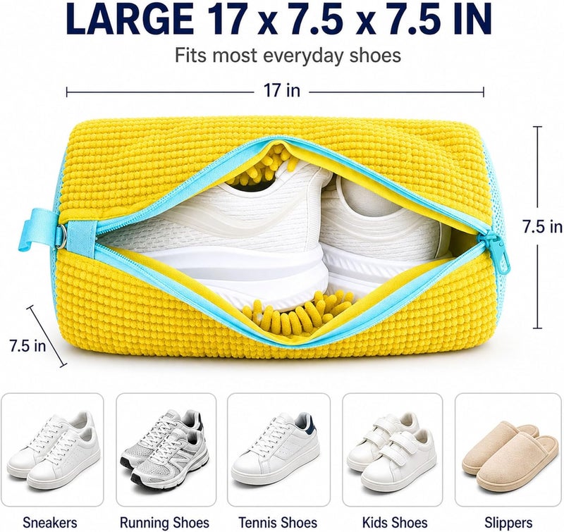 كيس لغسل الأحذية مقاس XXL - عبوة مكونة من 2 كيس، قابل لإعادة الاستخدام، يوفر تنظيفًا عميقًا لأحذية التنس والكعب الرياضي والنعال، يشمل أيضًا 2 كيس لتخزين الأحذية (لون أصفر). - Image 4