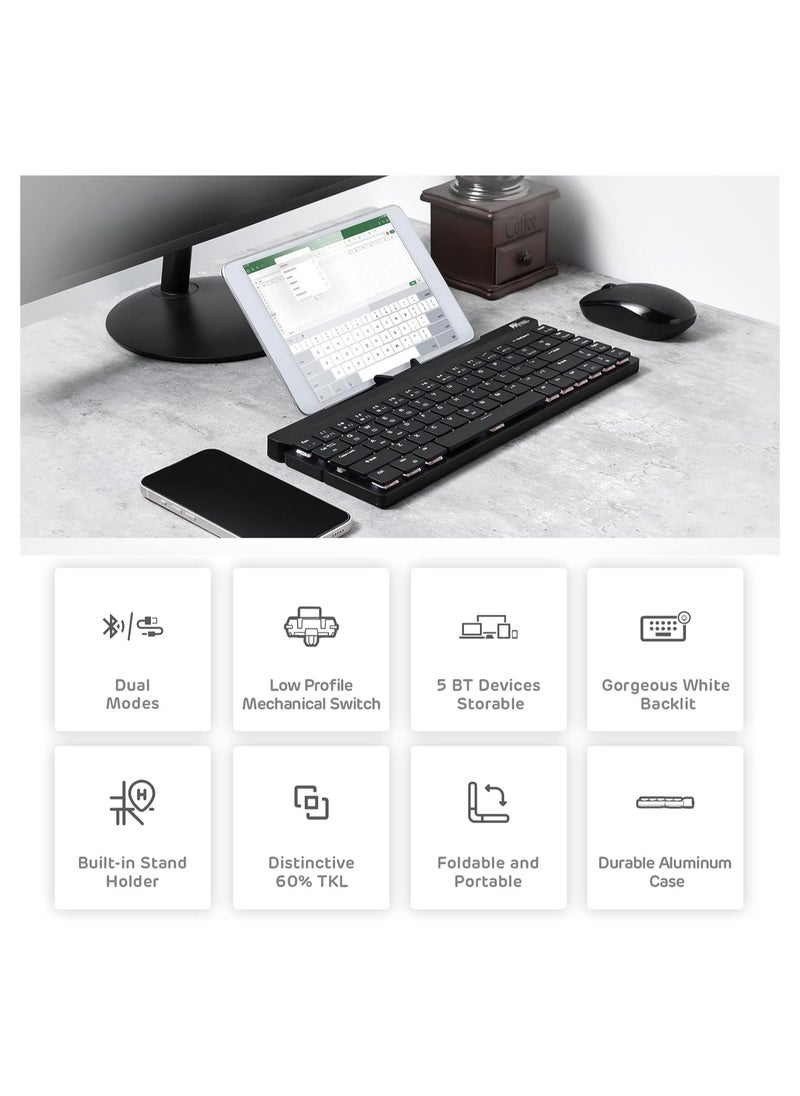 RK - RK925 Wireless Bluetooth with White Backlit, 68 Keys,60% Foldable Mechanical Keyboard with Built-in Stand Holder - Image 1
