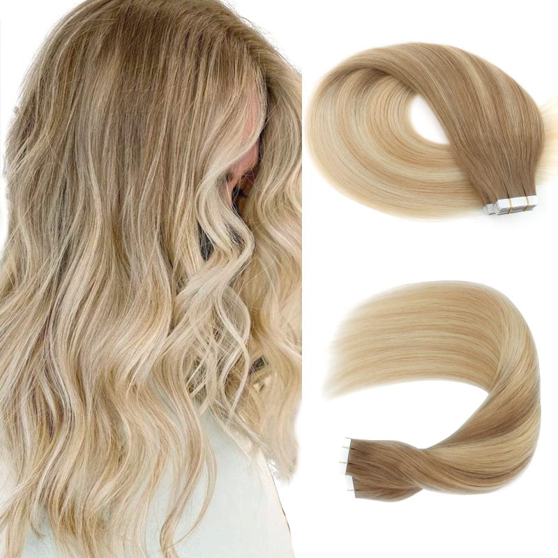 Sassina Tape in Hair Extensions Ombre Color Ash Brown to Dark Honey Blonde and Platinum Ash Blonde 22 Inch Remy Human Hair Tape in Extensions 20 PacSet 50 Gram