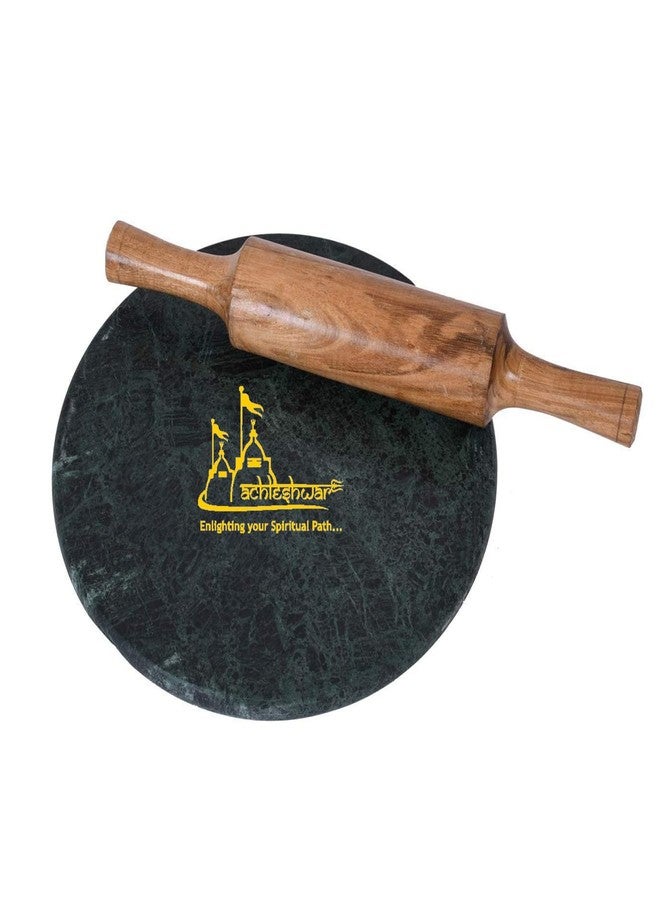 Achleshwar Marble Chakla Belan Set | 10 Inch Green Round Chakla with Wooden Rolling Pin | Anti Skid Roti Maker Board for Chapati & Kitchen Use | Green | Standard Size - Image 1