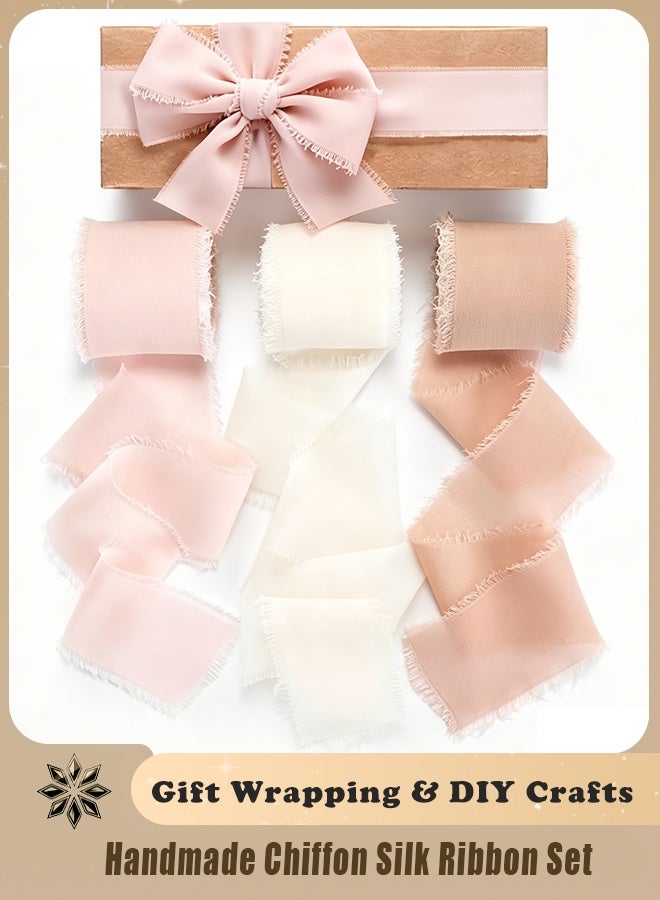 RESONIX 3 Rolls Handmade Chiffon Silk Ribbon Set – 1.5 Inch x 21 Yards Frayed Edge Ribbon (Pink & Cream) for Wedding Invitations, Bridal Bouquets, Gift Wrapping & DIY Crafts - Image 1