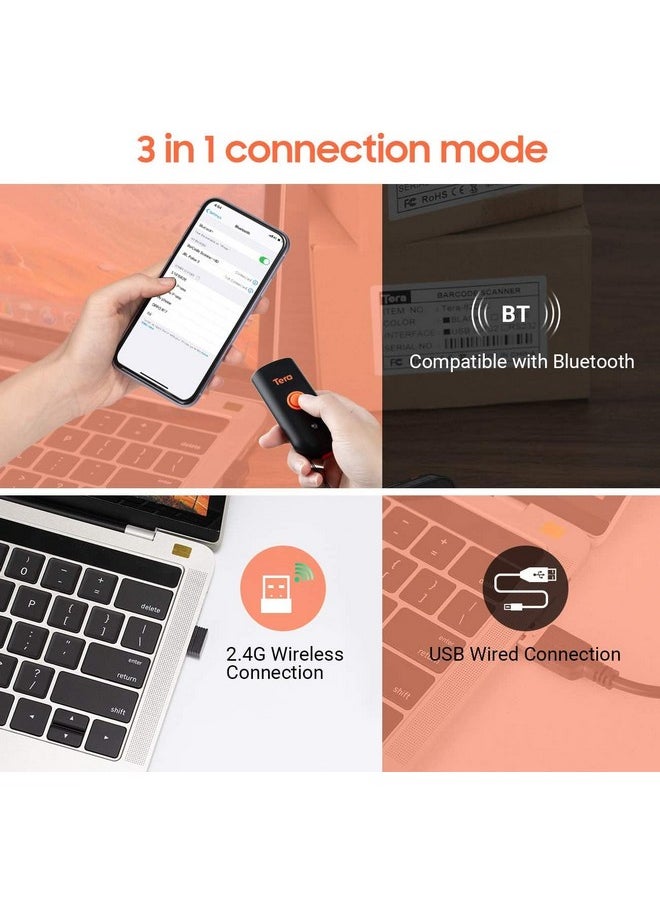 Tera - Mini 1D 2D Qr Wireless Barcode Scanner, Waterproof Shockproof Pocket Scanner, 3In1 Bt & Usb Wired & 2.4G Bar Code Reader Portable Image Scanner Work With Ios, Windows, Android 1100D - Image 1