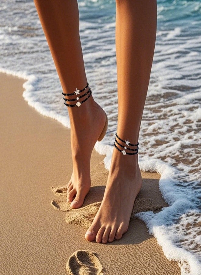 tanguan Elastic Beaded Ankle Bracelet for Women (Black beads - White) - Image 5