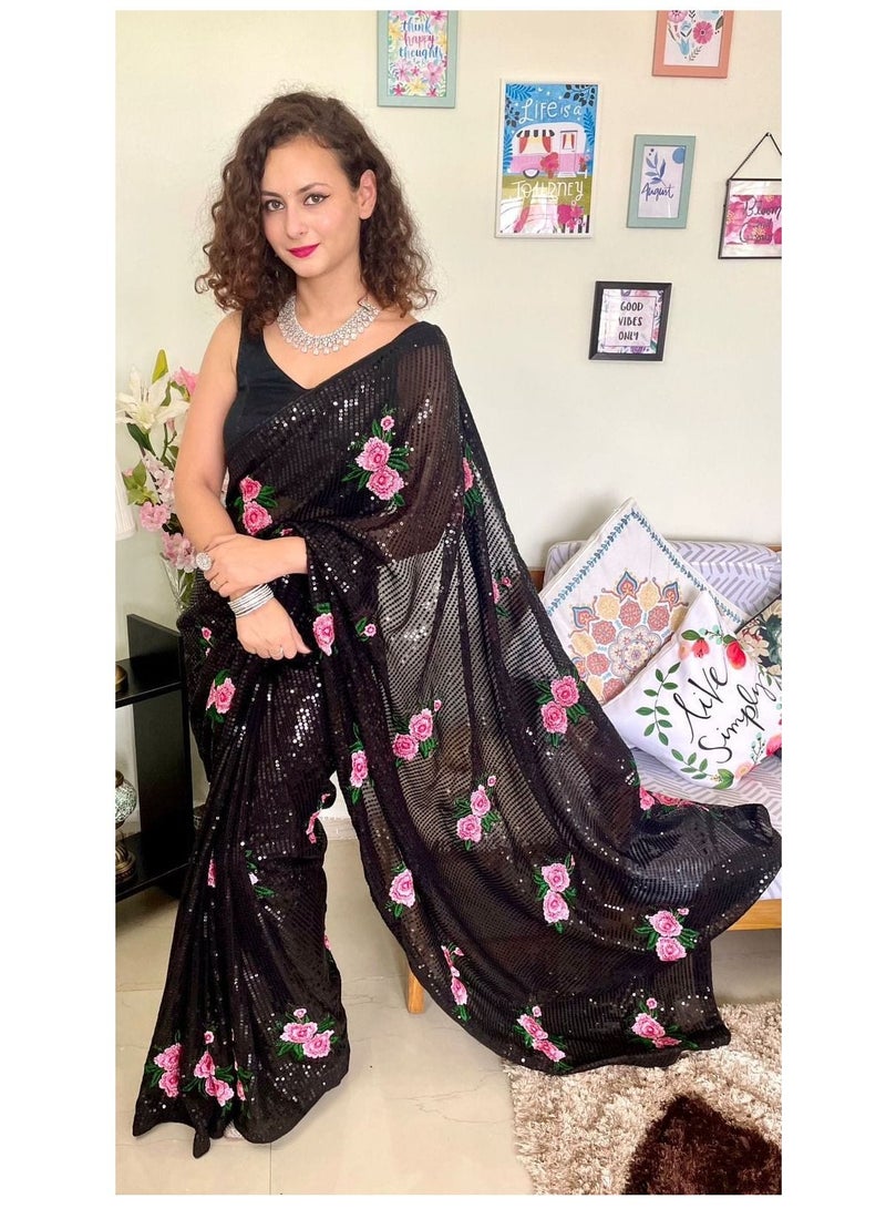 Grab Mantra Black Georgette Saree With Black Sequence Work And Pink Flower Embroidery With Unstitched Black Blouse  - Image 3