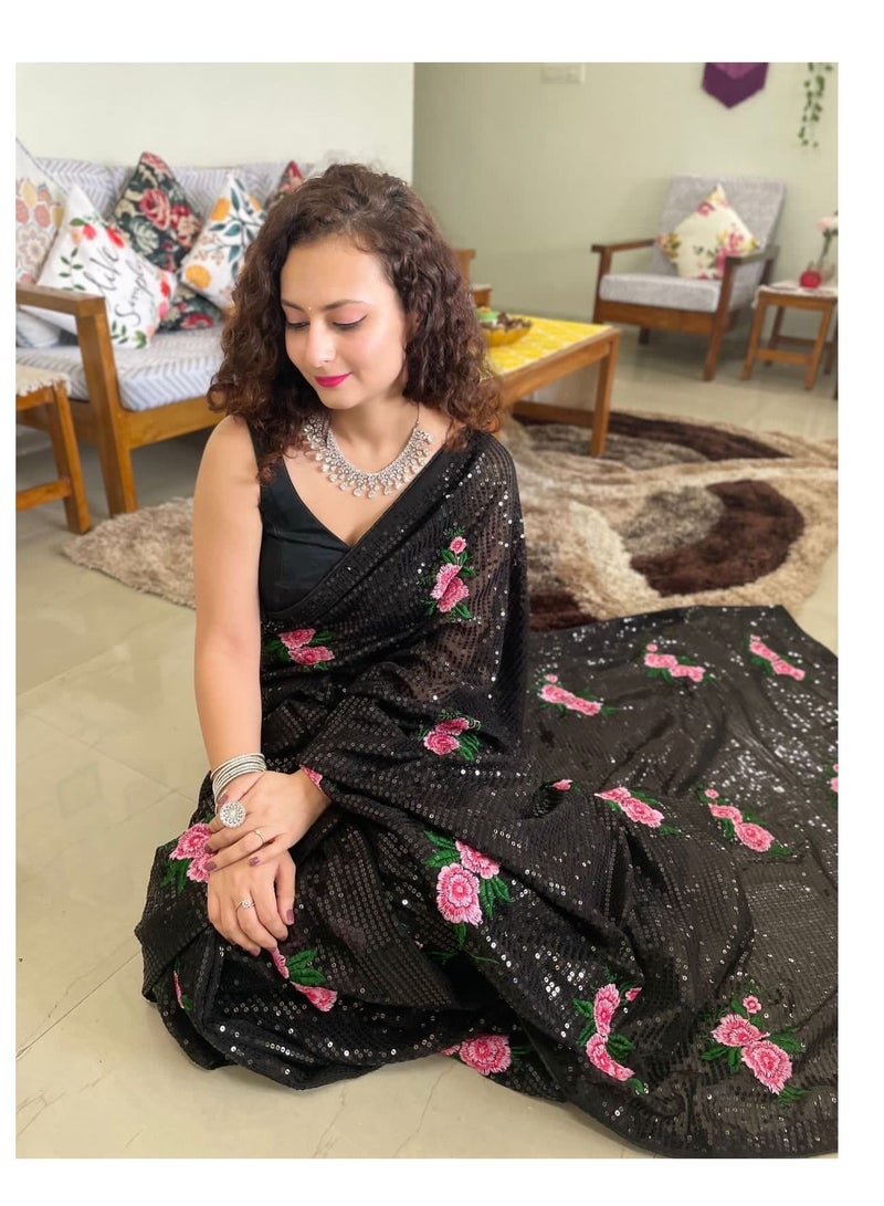 Grab Mantra Black Georgette Saree With Black Sequence Work And Pink Flower Embroidery With Unstitched Black Blouse  - Image 2