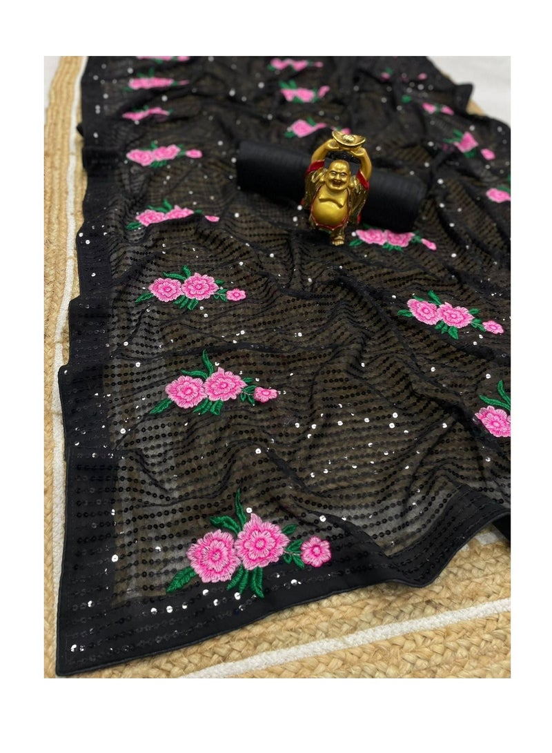Grab Mantra Black Georgette Saree With Black Sequence Work And Pink Flower Embroidery With Unstitched Black Blouse  - Image 5