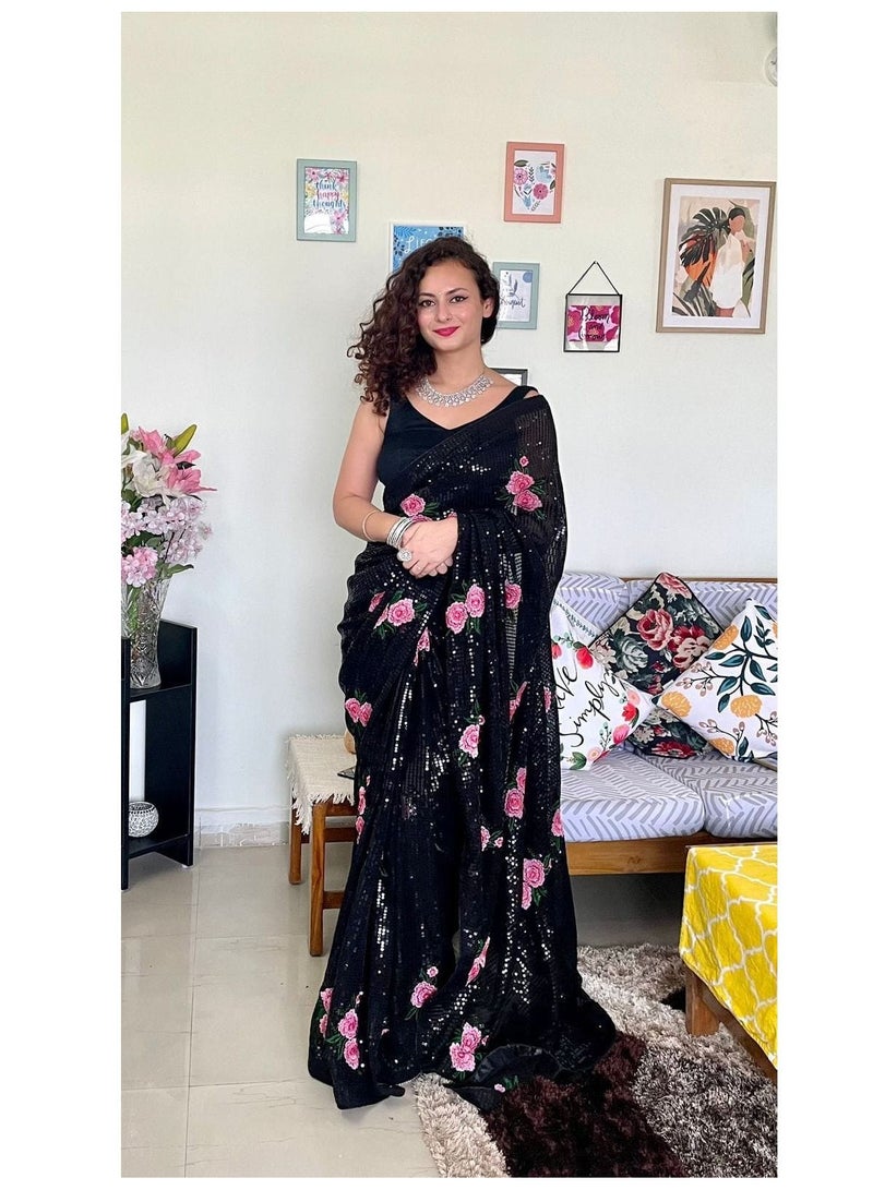 Grab Mantra Black Georgette Saree With Black Sequence Work And Pink Flower Embroidery With Unstitched Black Blouse  - Image 4