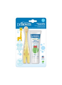 Dr. Brown's مجموعة فرشاة أسنان تدريب للأطفال من سن 0 إلى 3 سنوات مع معجون أسنان للأطفال خالٍ من الفلورايد، بنكهة الفراولة - الزرافة - 1.4 أونصة - من سن 0 إلى 3 سنوات  - Image 1