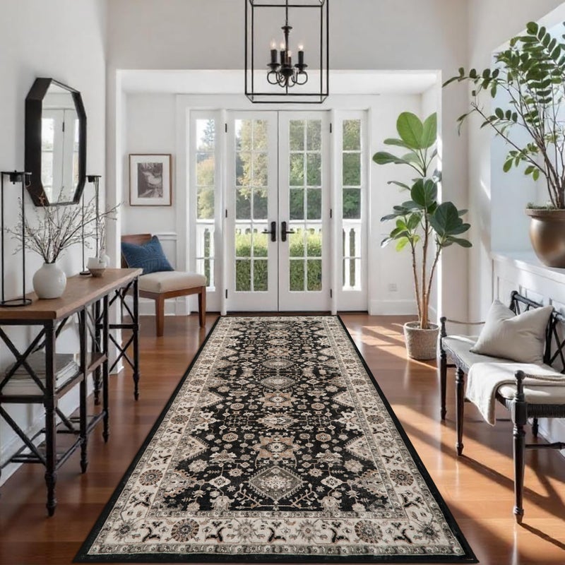 TOPRUUG Washable Hallway Runner Rug 4x10: Non Slip Runner Rugs with Rubber Backing Soft Kitchen Rug Farmhouse Distressed Carpet Runner for Living Room Bedroom Bathroom (Black, 4X10) - Image 1