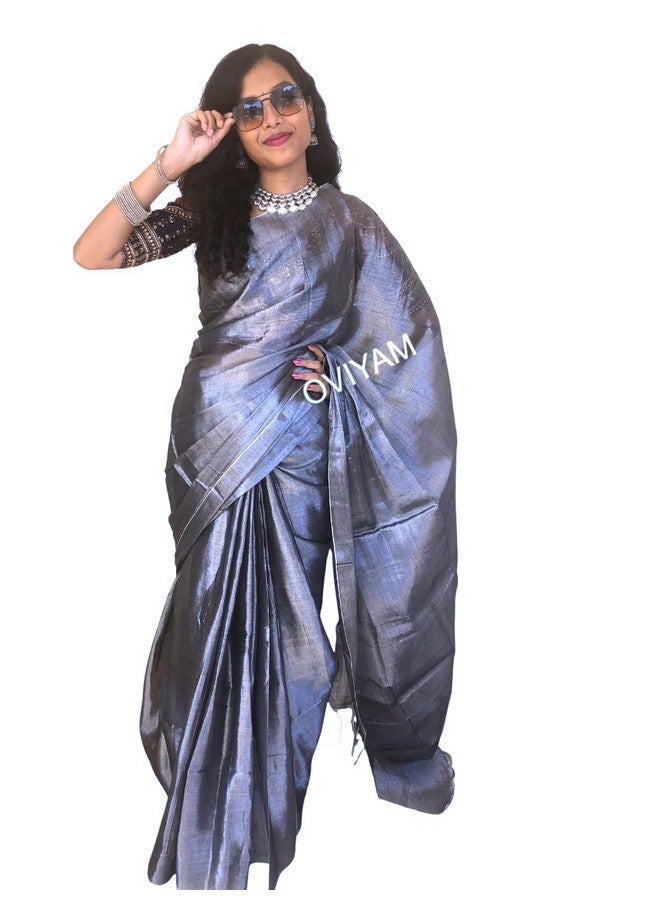 Elegance Look Ethnic Wear Handloom Tissue Saree For Young Girls Silver Color Blended With Silver Zari - Image 5