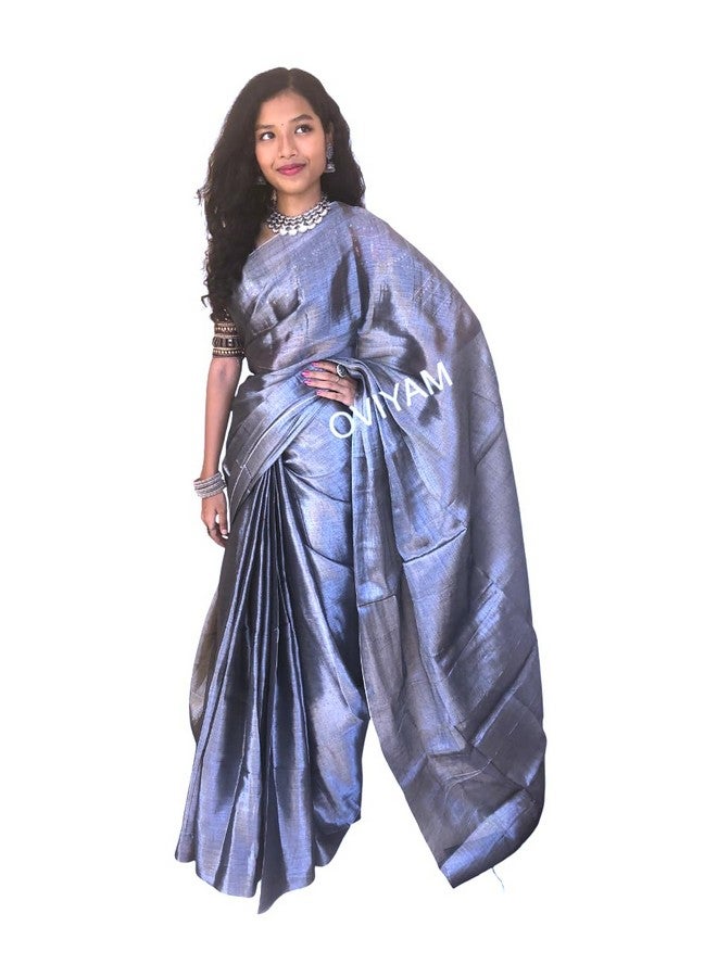 Elegance Look Ethnic Wear Handloom Tissue Saree For Young Girls Silver Color Blended With Silver Zari - Image 1
