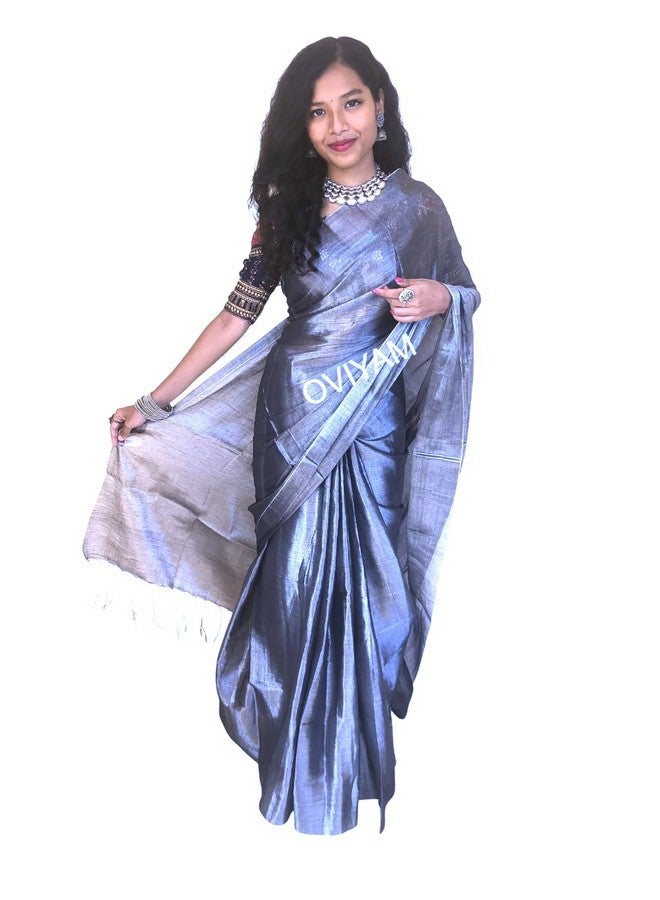 Elegance Look Ethnic Wear Handloom Tissue Saree For Young Girls Silver Color Blended With Silver Zari - Image 2