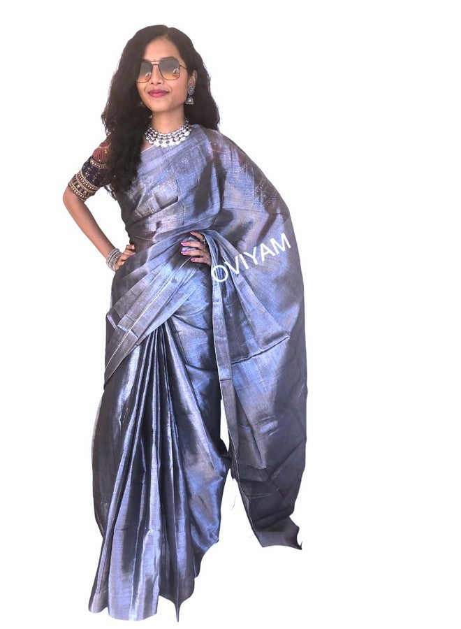 Elegance Look Ethnic Wear Handloom Tissue Saree For Young Girls Silver Color Blended With Silver Zari - Image 3