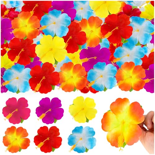 KVCSYAW 120 Pcs Artificial Hibiscus Flowers, 6 Colors Tropical Hawaiian Fake Luau Fake Hibiscus Flowers Decoration for DIY Crafts, Summer Party Favors Supplies, Cake Tables Centerpieces - Image 1