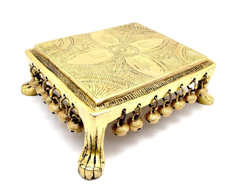 Two Moustaches Ethnic Indian Carving Design 7 Inches Brass Chowki with Bells Yellow_7 Inch X 55 Inch X 2 Inch Pack of 1 - Image 2