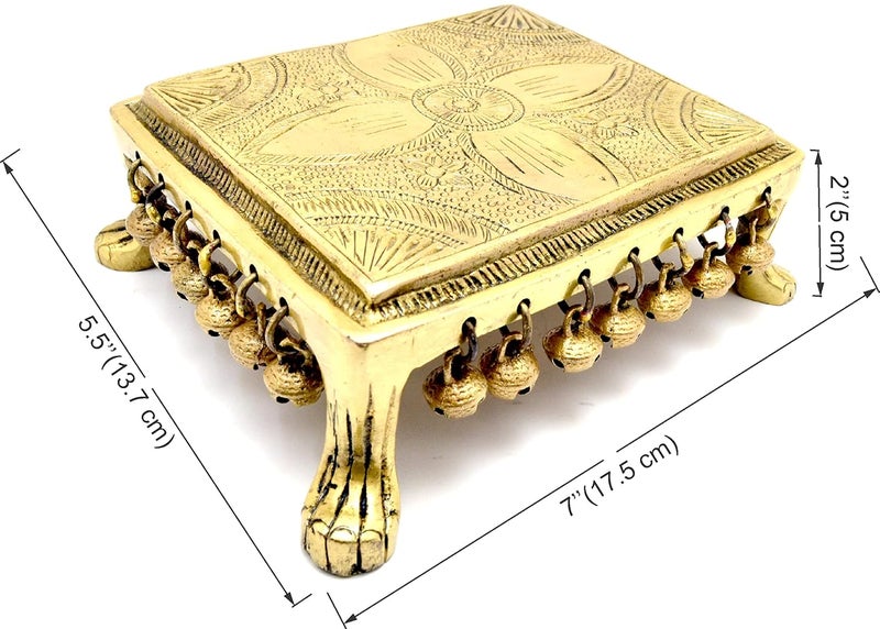 Two Moustaches Ethnic Indian Carving Design 7 Inches Brass Chowki with Bells Yellow_7 Inch X 55 Inch X 2 Inch Pack of 1 - Image 5