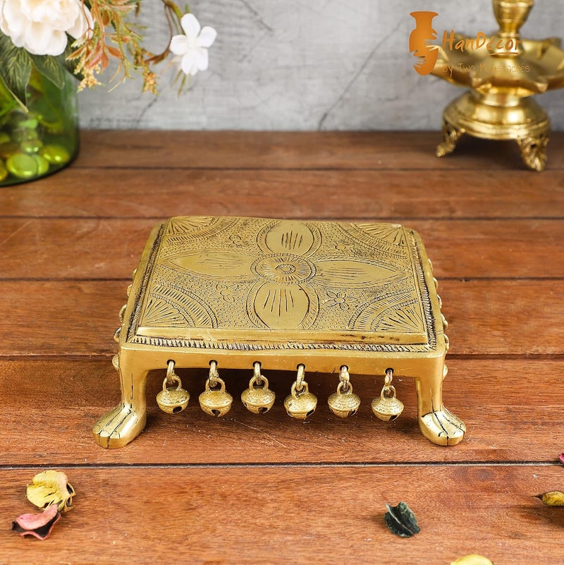 Two Moustaches Ethnic Indian Carving Design 7 Inches Brass Chowki with Bells Yellow_7 Inch X 55 Inch X 2 Inch Pack of 1 - Image 1